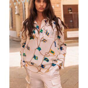 Catherine Gee Kaia Silk Blouse Lisbon Sails White Print Size Small
